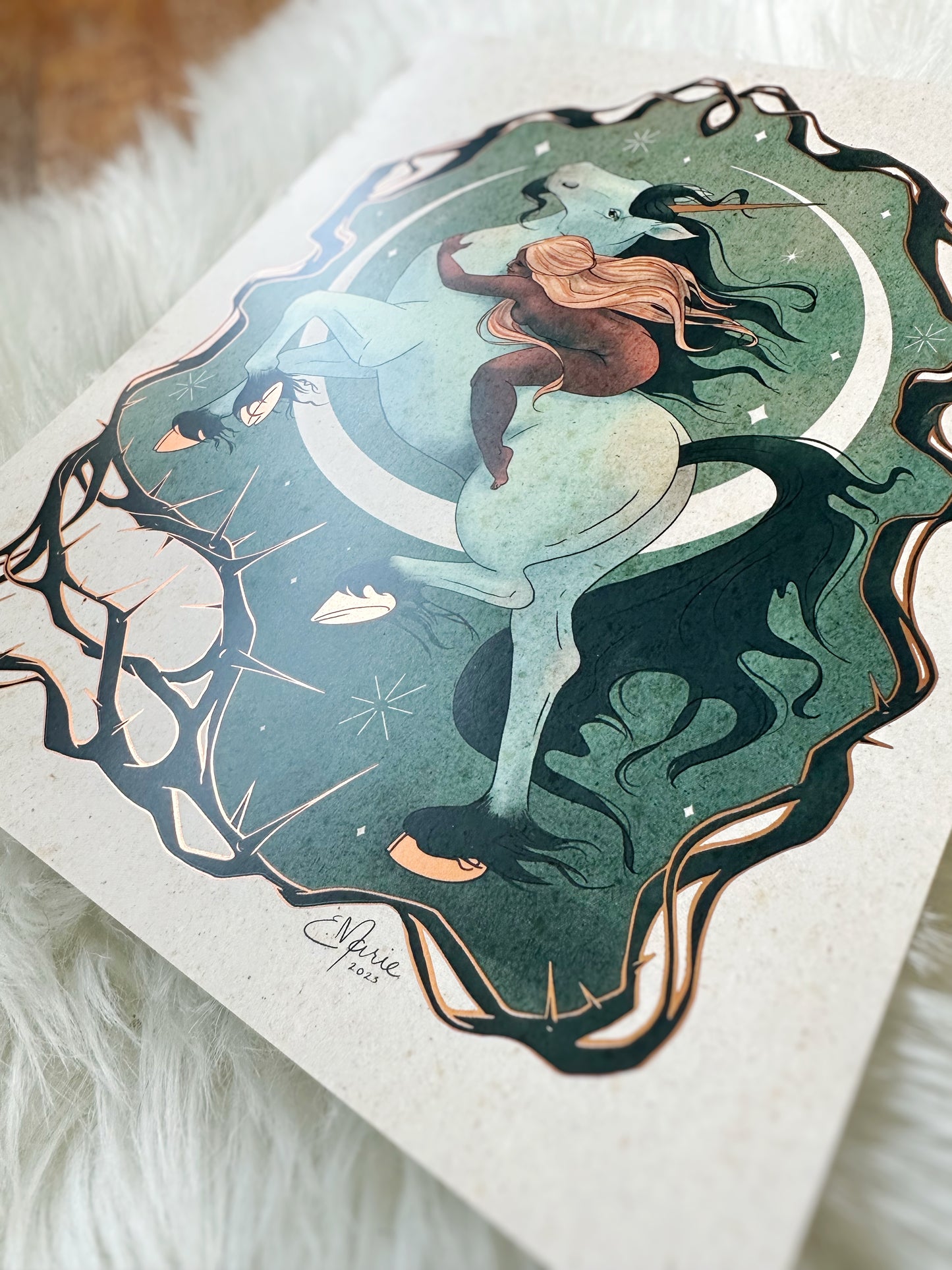 Unicorn and the Maiden Gold Foil Art Print